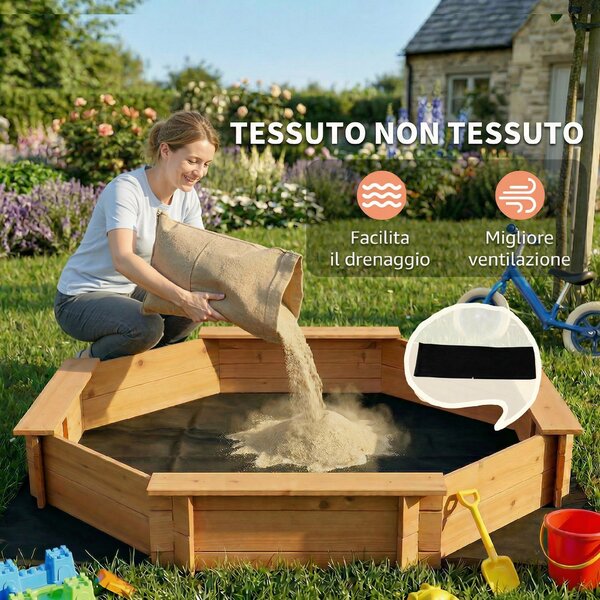 Outsunny Sabbiera per Bambini in Legno Ottagonale con Sedili e Copertura, Gioco da Giardino per Bambini 3-8 Anni, 139.5x139.5x21.5cm|Aosom