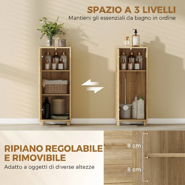 HOMCOM Mobile da Bagno Stretto con Porta a Doghe e 3 Ripiani, 34x23x84 cm, Legno Naturale | Aosom Italy