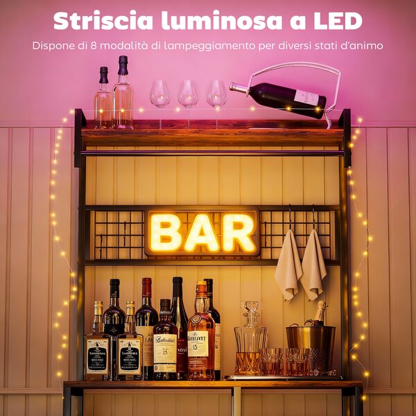 HOMCOM Scaffale Cucina con Prese e LED, Angolo Caffè, Asta Appendiabiti, Pannello in Metallo, 5 Ripiani, Cestello, 10 Ganci, Marrone Rustico | Aosom Italy
