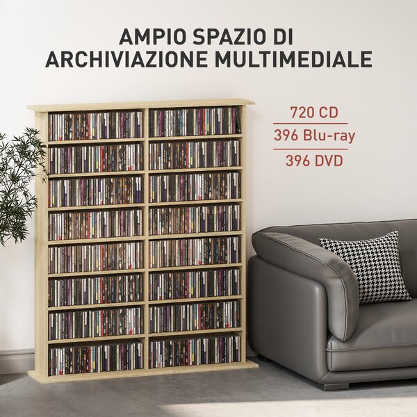 HOMCOM Mobile Libreria Porta CD a 16 Ripiani, Design Moderno, in Legno, 106.5x24x126.3 cm, Naturale | Aosom Italy