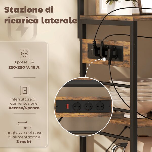 HOMCOM Scaffale Cucina con Prese e LED, Angolo Caffè, Asta Appendiabiti, Pannello in Metallo, 5 Ripiani, Cestello, 10 Ganci, Marrone Rustico | Aosom Italy