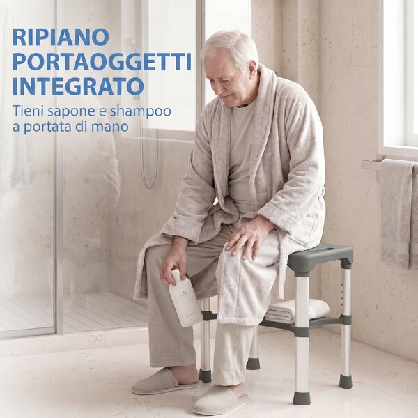 HOMCOM Sgabello per Doccia in Alluminio con Mensola Integrato, Altezza Regolabile 5 Livelli, Portata 150kg, Grigio | Aosom Italy