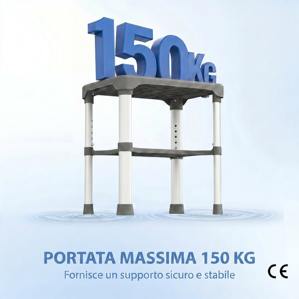 HOMCOM Sgabello per Doccia in Alluminio con Mensola Integrato, Altezza Regolabile 5 Livelli, Portata 150kg, Grigio | Aosom Italy