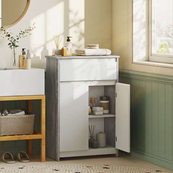 Kleankin Mobile Bagno Autoportante con Cassetto e Ante Doppie, Grigio-Bianco | Aosom Italy