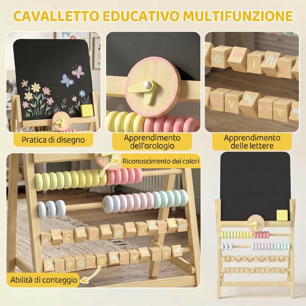 AIYAPLAY Lavagna per Bambini Cancellabile in Legno con Cavalletto, Orologio, Abaco, Cancellino, 2+ Anni, Color Legno | Aosom Italy
