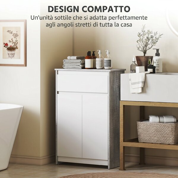 Kleankin Mobile Bagno Autoportante con Cassetto e Ante Doppie, Grigio-Bianco | Aosom Italy