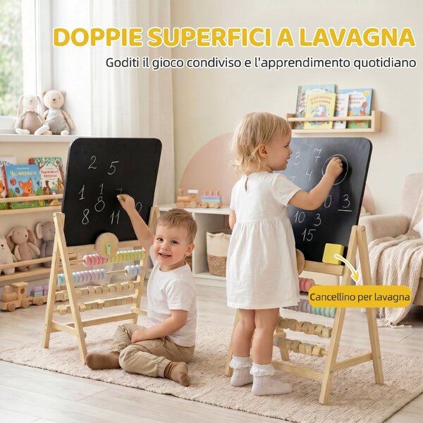 AIYAPLAY Lavagna per Bambini Cancellabile in Legno con Cavalletto, Orologio, Abaco, Cancellino, 2+ Anni, Color Legno | Aosom Italy
