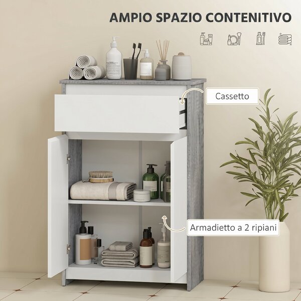 Kleankin Mobile Bagno Autoportante con Cassetto e Ante Doppie, Grigio-Bianco | Aosom Italy