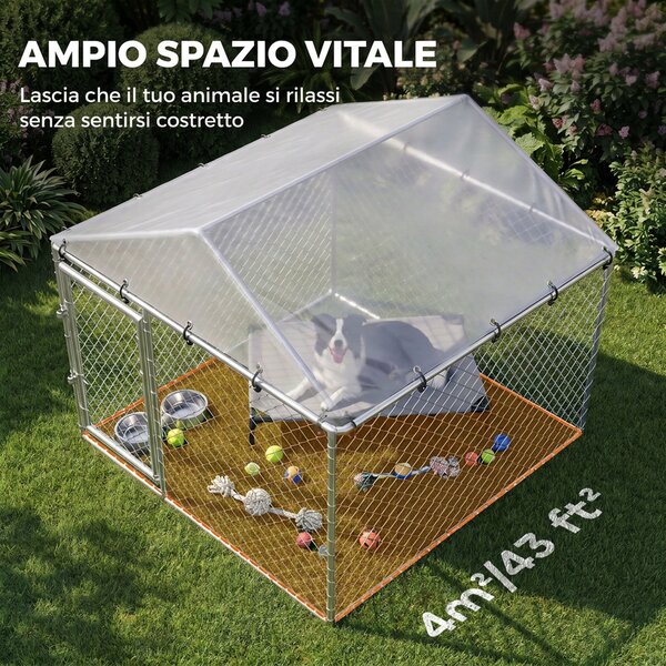 PawHut Recinto per Cani da Esterno in Acciaio Zincata con Tetto in PE, Anti-UV, Impermeabile, Doppia Chiusura, Argento | Aosom Italy