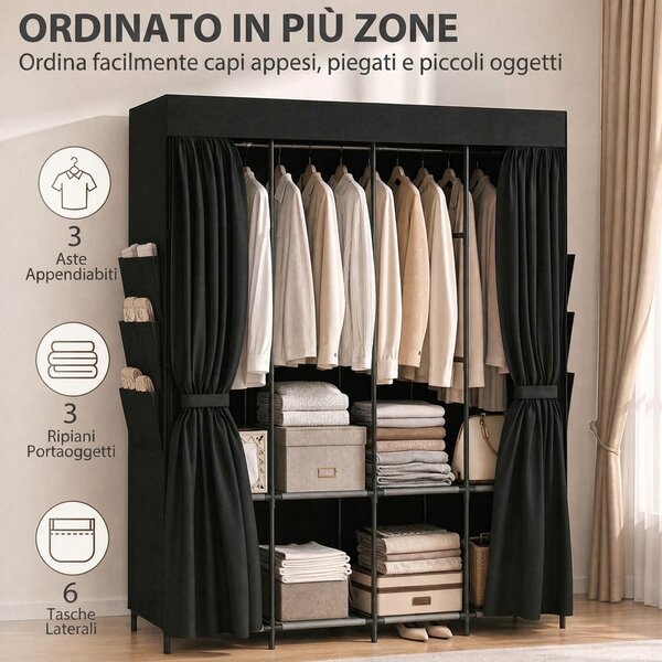 HOMCOM Armadio in Tessuto Salvaspazio con 3 Aste, 3 Ripiani, 6 Tasche Laterali, Ante Antipolvere con Zip, Nero | Aosom Italy