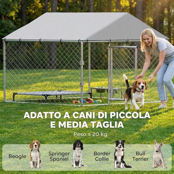 PawHut Recinto per Cani da Esterno in Acciaio Zincata con Tetto in PE, Anti-UV, Impermeabile, Doppia Chiusura, Argento | Aosom Italy