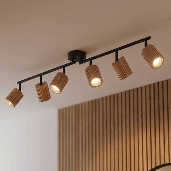 Lindby Faretto da soffitto Stralino, a 6 luci, lunghezza 102 cm, in legno dimmerabile, Legno chiaro, Corridoio, Legno, Moderno, Faretto