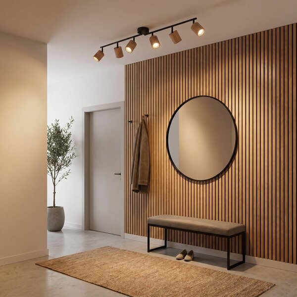 Lindby Faretto da soffitto Stralino, a 6 luci, lunghezza 102 cm, in legno dimmerabile, Legno chiaro, Corridoio, Legno, Moderno, Faretto