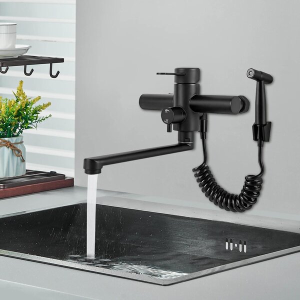 Rubinetto da cucina - Montaggio a parete - Orientabile a 360° - 3 tipi di getto - Doccetta - Acciaio inossidabile - Nero