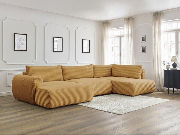 Divano angolare color senape allungabile/con contenitore (con penisola a destra/a U) con rivestimento in velluto a coste Lucien – Bobochic Paris