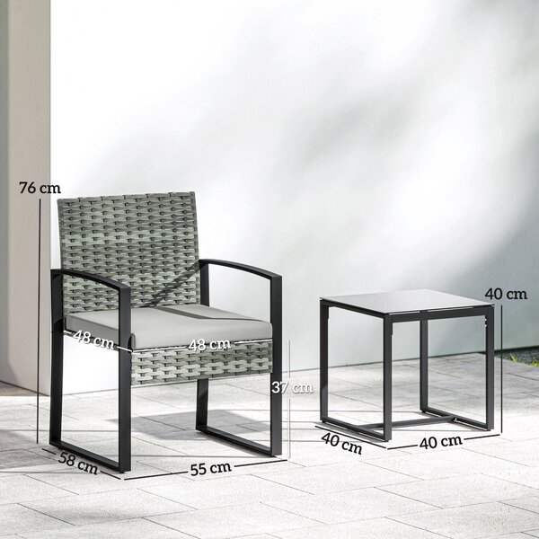 Outsunny Set bistrò in rattan, set da giardino 3 pezzi con 2 sedie da giardino, tavolino, cuscini rimovibili Hellgrau | Aosom Italy