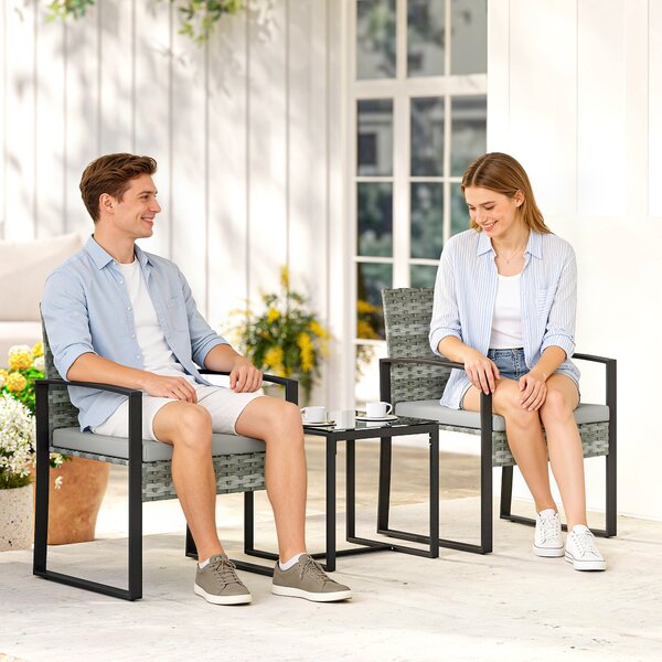 Outsunny Set bistrò in rattan, set da giardino 3 pezzi con 2 sedie da giardino, tavolino, cuscini rimovibili Hellgrau | Aosom Italy