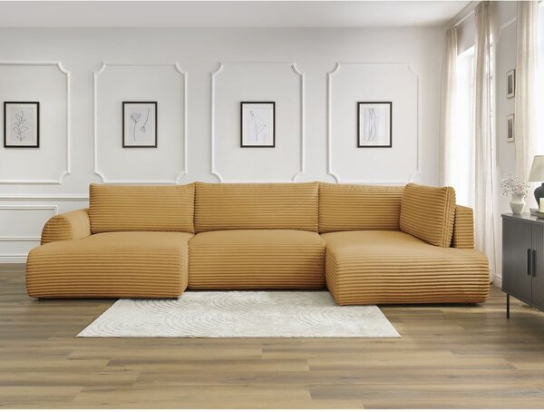 Divano angolare color senape allungabile/con contenitore (con penisola a destra/a U) con rivestimento in velluto a coste Lucien – Bobochic Paris