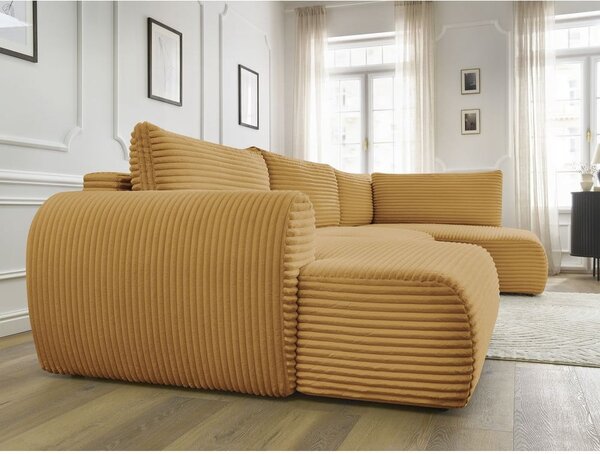 Divano angolare color senape allungabile/con contenitore (con penisola a destra/a U) con rivestimento in velluto a coste Lucien – Bobochic Paris