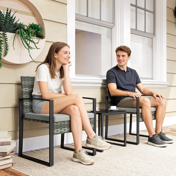 Outsunny Set bistrò in rattan, set da giardino 3 pezzi con 2 sedie da giardino, tavolino, cuscini rimovibili Hellgrau | Aosom Italy