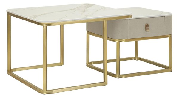 Tavoli da caff� Forma Quadrata BEAUTY, con piano effetto marmo dimensioni 70x70x48-50x50x43,5 cm crema e oro