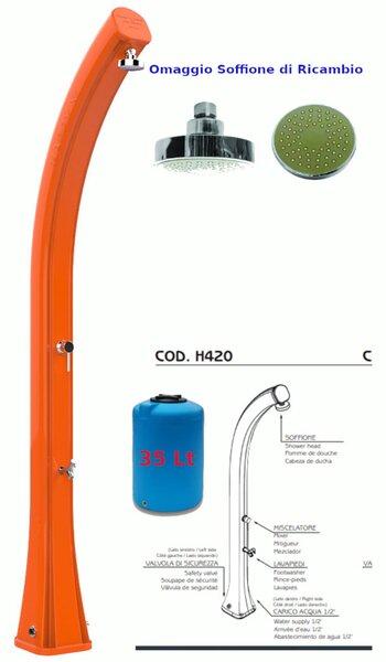 Doccia da Esterno in Resina A riscaldamento solare HAPPY XL CON LAVAPIEDI 35 lt Dimensioni 26x20,5x h 220 cm - peso 13 kg Colore Arancio