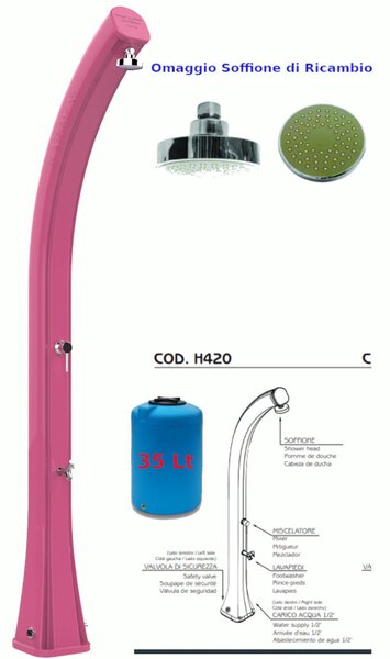 Doccia da Esterno in Resina A riscaldamento solare HAPPY XL CON LAVAPIEDI 35 lt Dimensioni 26x20,5x h 220 cm - peso 13 kg Colore FUXIA