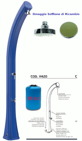 Doccia da Esterno in Resina A riscaldamento solare HAPPY XL CON LAVAPIEDI 35 lt Dimensioni 26x20,5x h 220 cm - peso 13 kg Colore BLU
