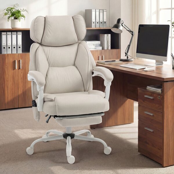 HOMCOM Sedia da ufficio con schienale alto, massaggio a vibrazione e riscaldamento, ergonomica, reclinabile, con poggiapiedi, bianco crema | Aosom Italy