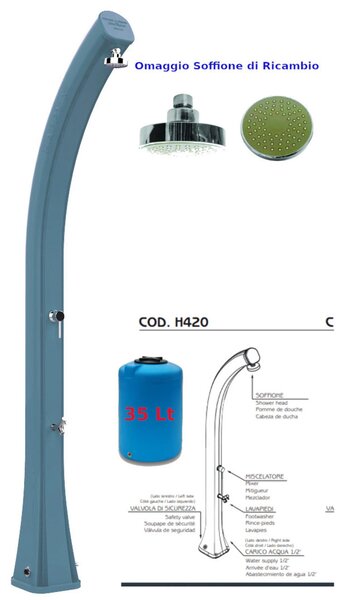 Doccia da Esterno in Resina A riscaldamento solare HAPPY XL CON LAVAPIEDI 35 lt Dimensioni 26x20,5x h 220 cm - peso 13 kg Colore Blu Ocean