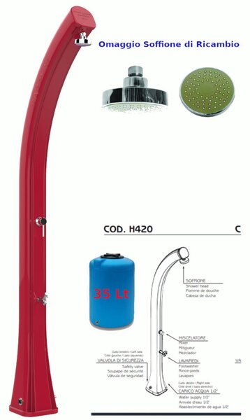 Doccia da Esterno in Resina A riscaldamento solare HAPPY XL CON LAVAPIEDI 35 lt Dimensioni 26x20,5x h 220 cm - peso 13 kg Colore Rosso