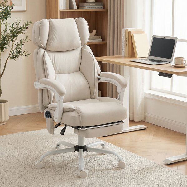 HOMCOM Sedia da ufficio con schienale alto, massaggio a vibrazione e riscaldamento, ergonomica, reclinabile, con poggiapiedi, bianco crema | Aosom Italy