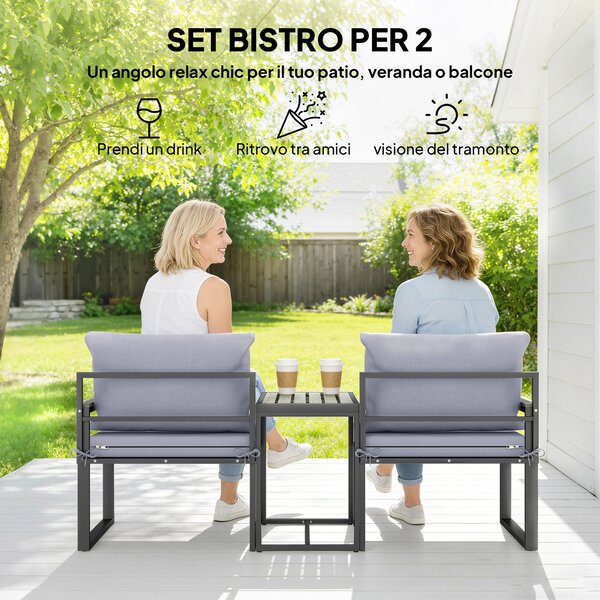 Outsunny Set da Bistrò da Giardino 3 Pezzi per 2 Persone, Tavolo e Sedie da Esterni con Seduta in Texteline e Cuscini, Grigio | Aosom Italy