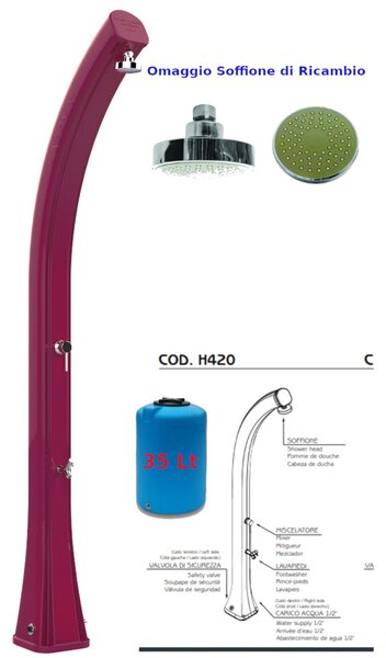 Doccia da Esterno in Resina A riscaldamento solare HAPPY XL CON LAVAPIEDI 35 lt Dimensioni 26x20,5x h 220 cm - peso 13 kg Colore Wine Red