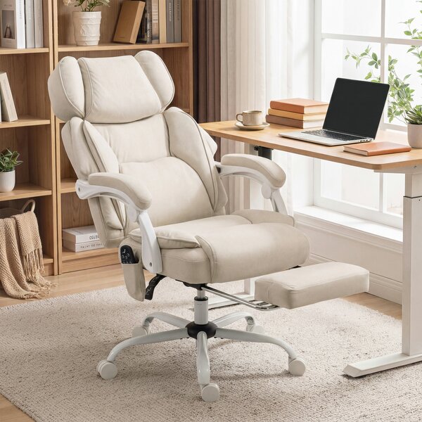 HOMCOM Sedia da ufficio con schienale alto, massaggio a vibrazione e riscaldamento, ergonomica, reclinabile, con poggiapiedi, bianco crema | Aosom Italy