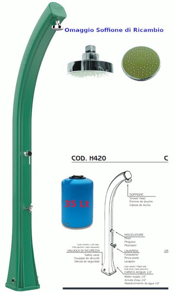 Doccia da Esterno in Resina A riscaldamento solare HAPPY XL CON LAVAPIEDI 35 lt Dimensioni 26x20,5x h 220 cm - peso 13 kg Colore VERDE SCURO