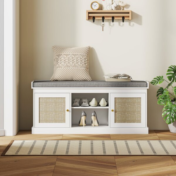 HOMCOM Panca Porta Scarpe con Ante Frontali in Rattan e Ripiani Regolabili 105x35x47 cm Bianco | Aosom Italy