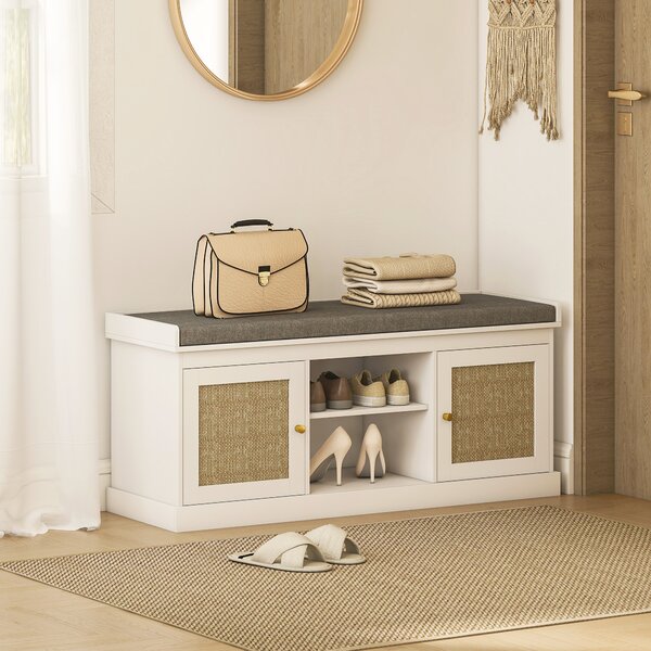 HOMCOM Panca Porta Scarpe con Ante Frontali in Rattan e Ripiani Regolabili 105x35x47 cm Bianco | Aosom Italy