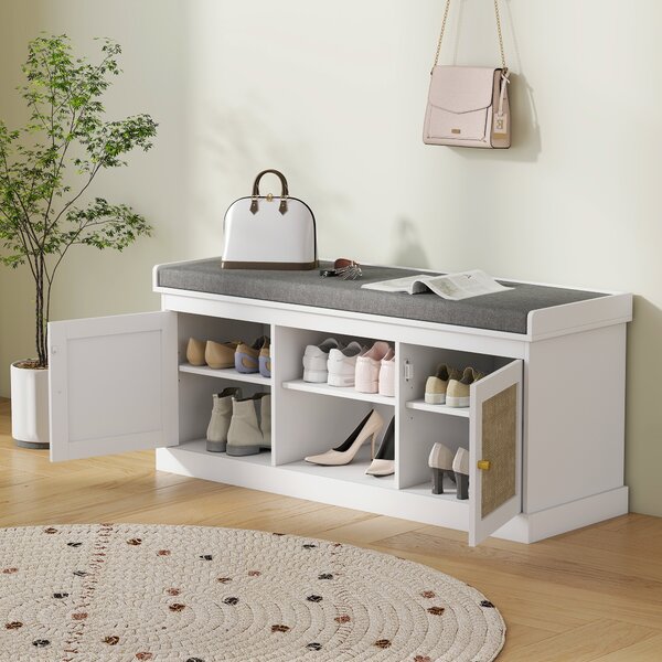 HOMCOM Panca Porta Scarpe con Ante Frontali in Rattan e Ripiani Regolabili 105x35x47 cm Bianco | Aosom Italy