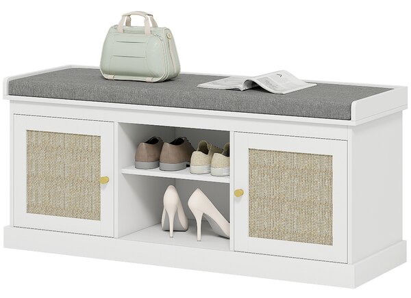 HOMCOM Panca Porta Scarpe con Ante Frontali in Rattan e Ripiani Regolabili 105x35x47 cm Bianco | Aosom Italy