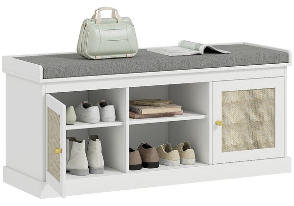 HOMCOM Panca Porta Scarpe con Ante Frontali in Rattan e Ripiani Regolabili 105x35x47 cm Bianco | Aosom Italy
