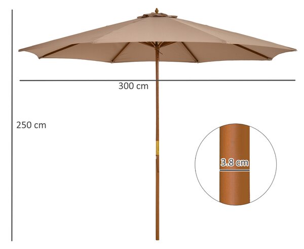 Outsunny Ombrellone da Giardino 3 m con Palo in Legno, 8 Stecche e Parasole in Poliestere, Cachi