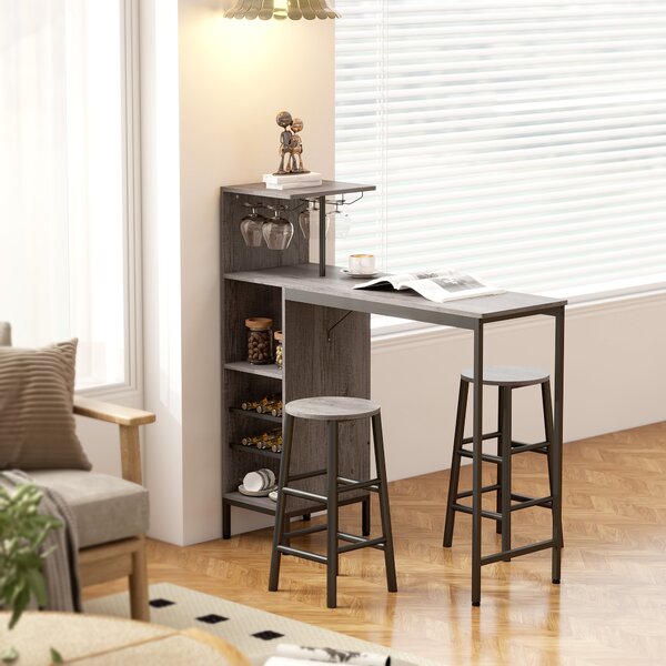 HOMCOM Set tavolo da pranzo alto con 2 sedie da bar, con ripiani e portabottiglie, Legno naturale | Aosom Italy