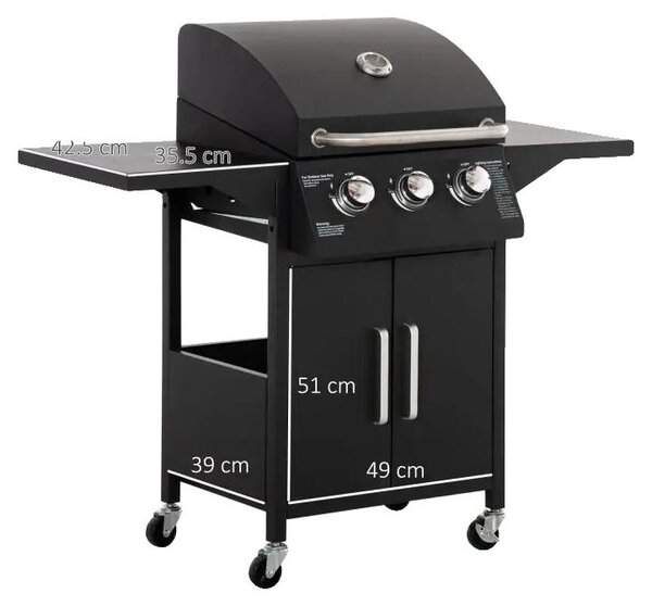Barbecue a gas, 3 bruciatori, potenza 3 kW, dimensioni 121 x 55 x 109 cm, design mobile, termometro di facile lettura