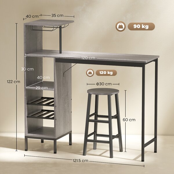 HOMCOM Set tavolo da pranzo alto con 2 sedie da bar, con ripiani e portabottiglie, Legno naturale | Aosom Italy