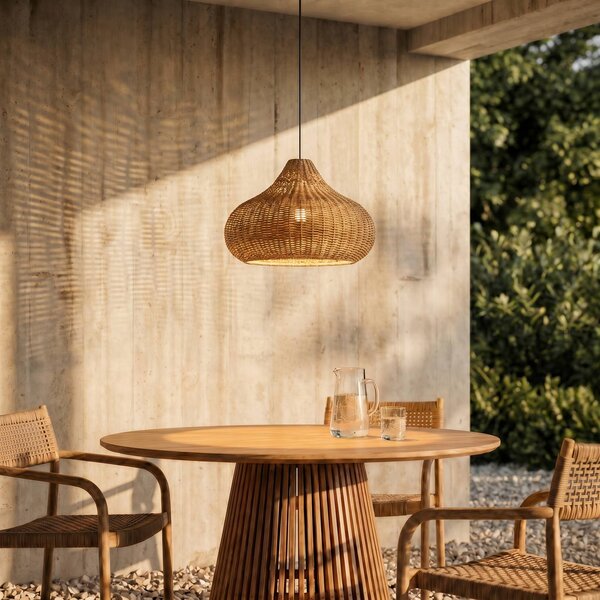 Lucande lampada a sospensione da esterno Taniola, 1 anta, beige, rattan, IP44 Taniola Lucande, dimmerabile, Legno chiaro, Legno, Campagna / Rustiche