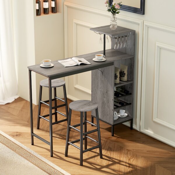 HOMCOM Set tavolo da pranzo alto con 2 sedie da bar, con ripiani e portabottiglie, Legno naturale | Aosom Italy