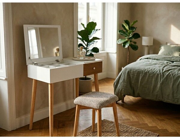 Tavolino da toilette bianco con specchio, portagioie e sgabello Beauty - Bonami Essentials