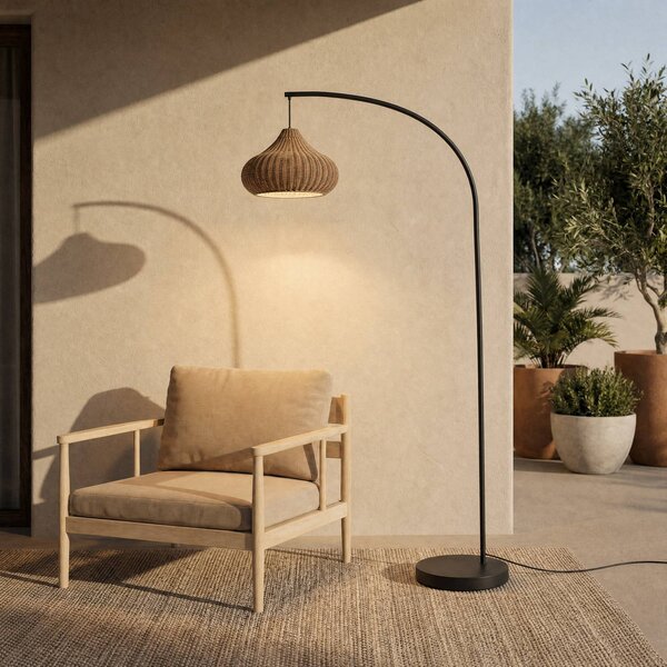 Lucande lampada da terra esterno Taniola, beige, rattan, 195 cm, IP44 Taniola, Legno chiaro, Legno, Campagna / Rustiche