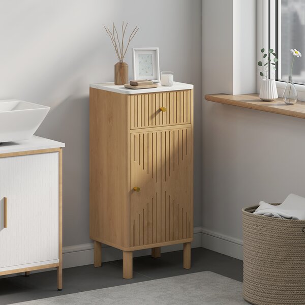 HOMCOM Mobiletto per bagno, con piano effetto marmo e cassetto 36 x 30 x 80 cm, Rovere | Aosom Italy